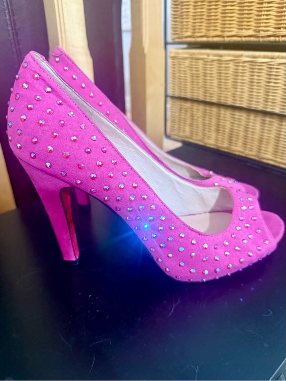 Y2K Barbiecore Fuchsia Pink Rhinestone Peep-Toe Heels ✨